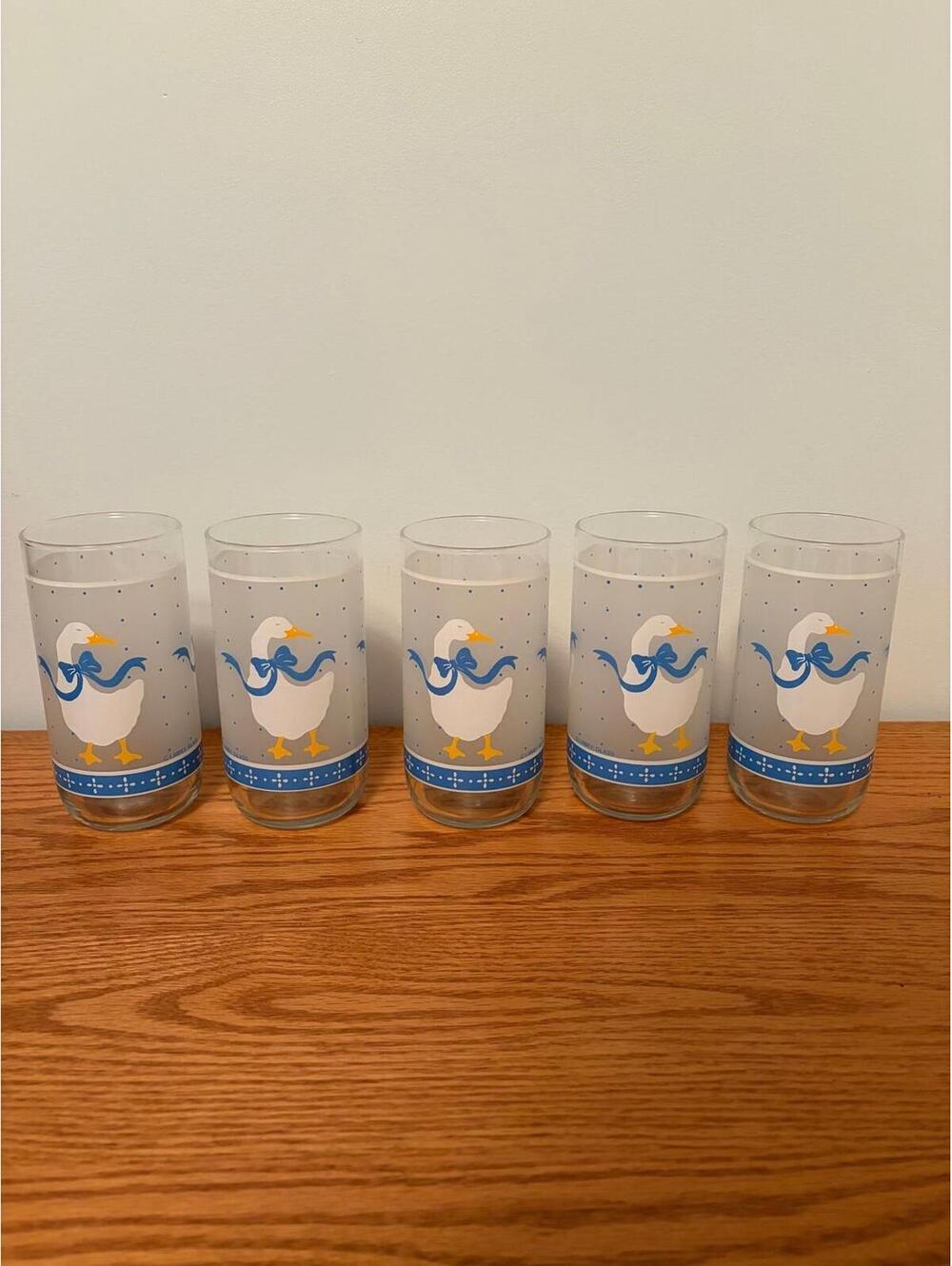 Set of 5 Vtg Libbey FROSTED Country Goose Glasses Blue Ribbon Bow Tumblers 16oz